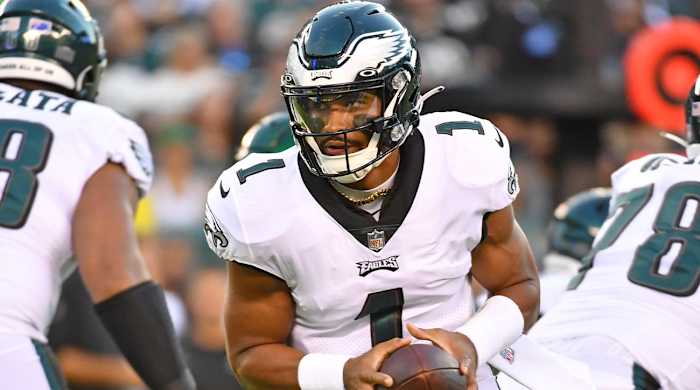 Aug 12, 2022; Philadelphia, Pennsylvania, USA; Philadelphia Eagles quarterback Jalen Hurts (1) against the New York Jets at Lincoln Financial Field.
